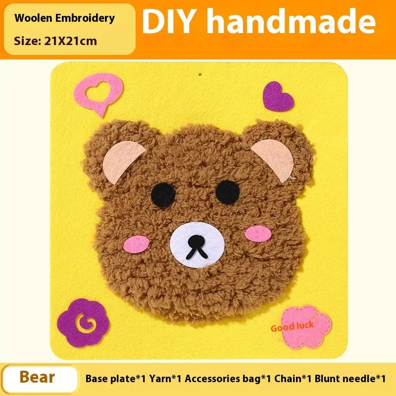 Children's cartoon animal wool embroidery painting DIY set with cloth base, 15x5cm, featuring bear and bunny designs