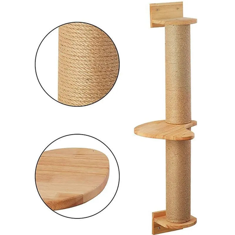 Wooden wall-mounted cat climbing frame with flax rope scratching posts and jumping platform