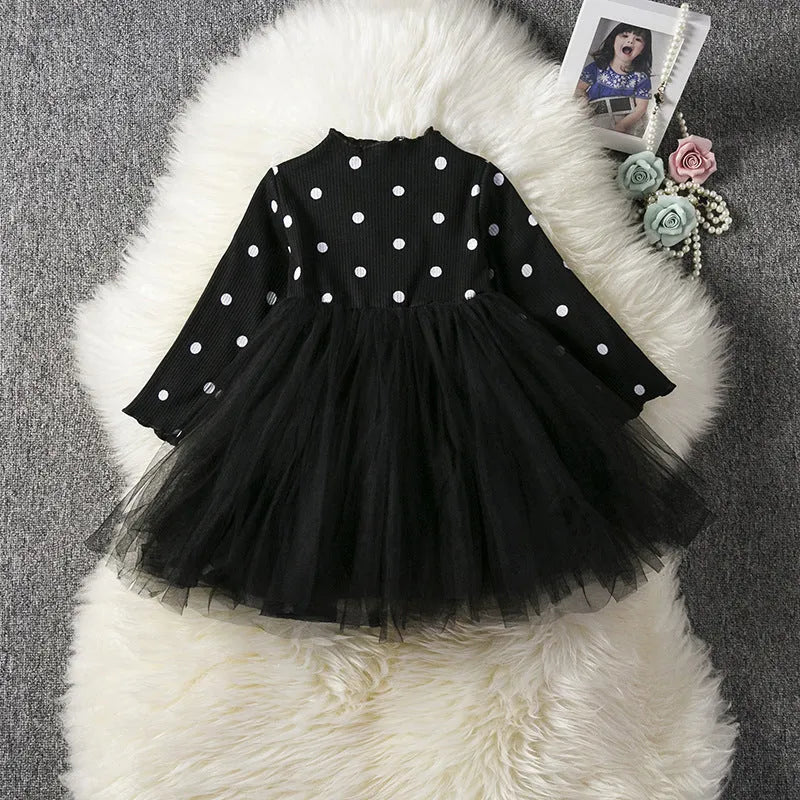 Baby girls long sleeve tutu lace dress in black, pink or white for christenings and birthday parties