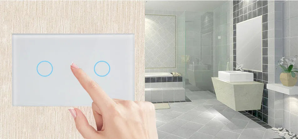 White RF remote control touch wall switch with tempered glass panel and 2-gang configuration