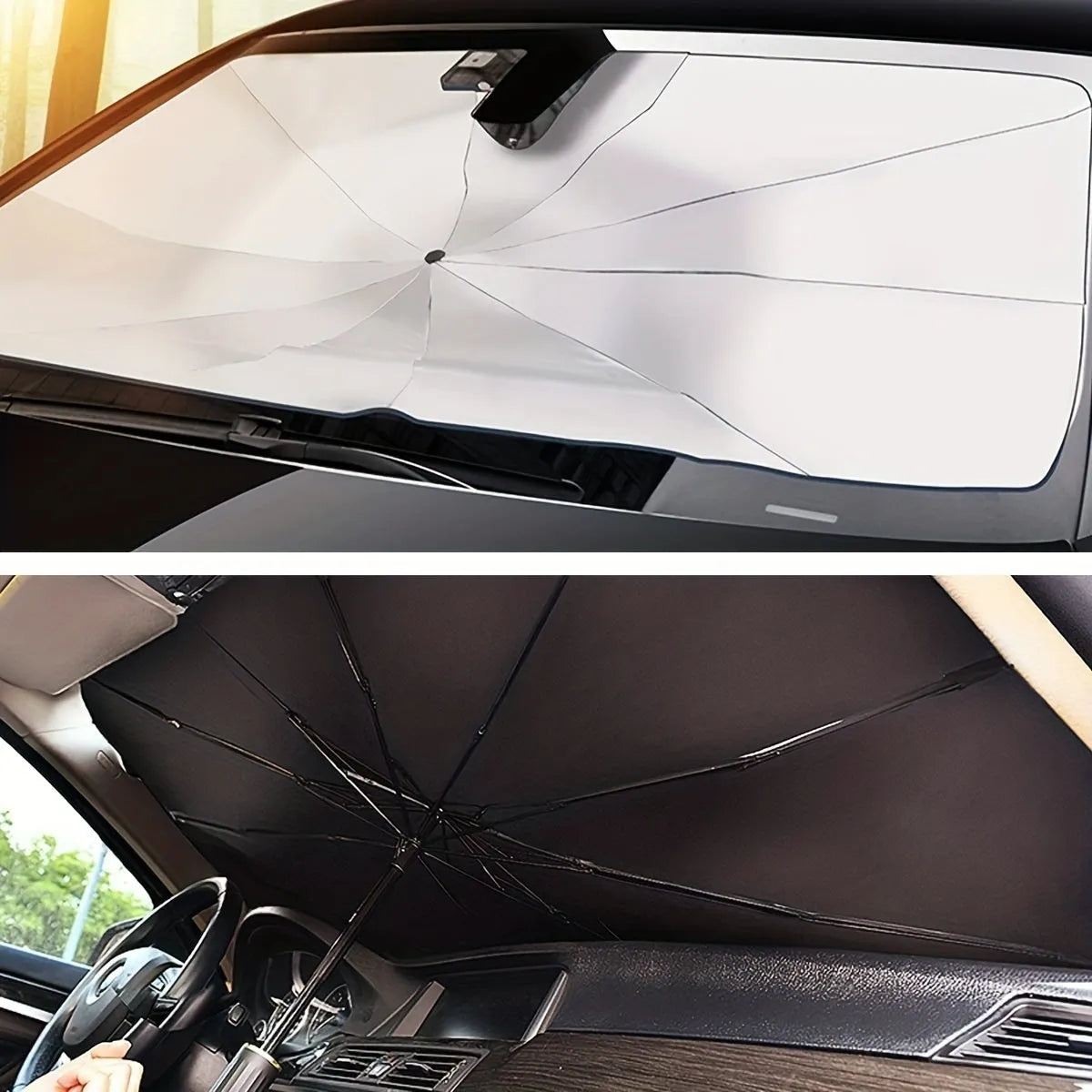Foldable car windshield sunshade umbrella shown open against a car windscreen and folded compactly.