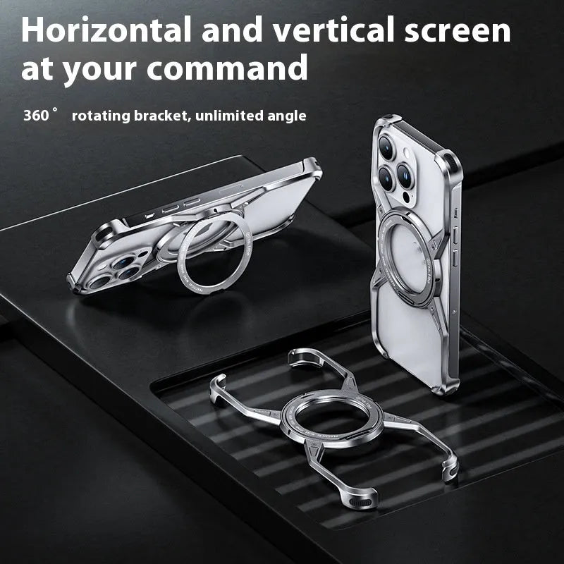 Rotary magnetic iPhone case in hollow aluminium alloy with X-shaped bracket, shown in Deep Space Gray