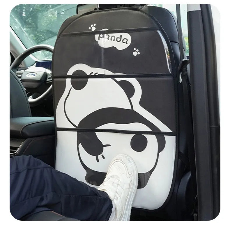 Large black and white leather Naughty Panda anti-kick pad for car backseat protection with cartoon design