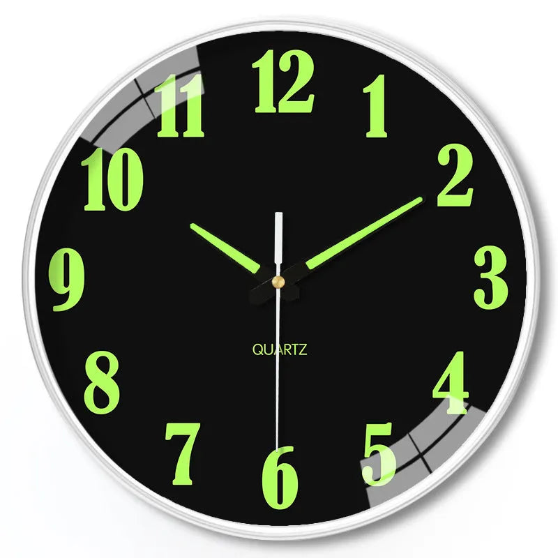 Modern 8 inch luminous wall clock with white numerals on a coloured plastic face.
