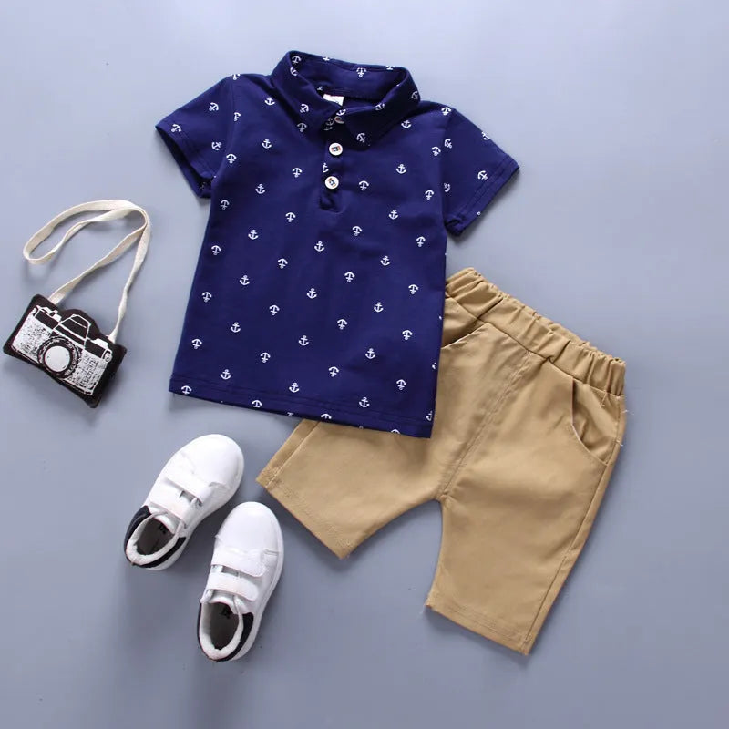 Anchor print cotton baby boys' romper in blue, short sleeves and cropped trousers, Korean style.