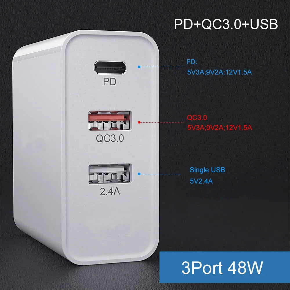 White 4-port USB fast charger with UK plug on a wooden surface.