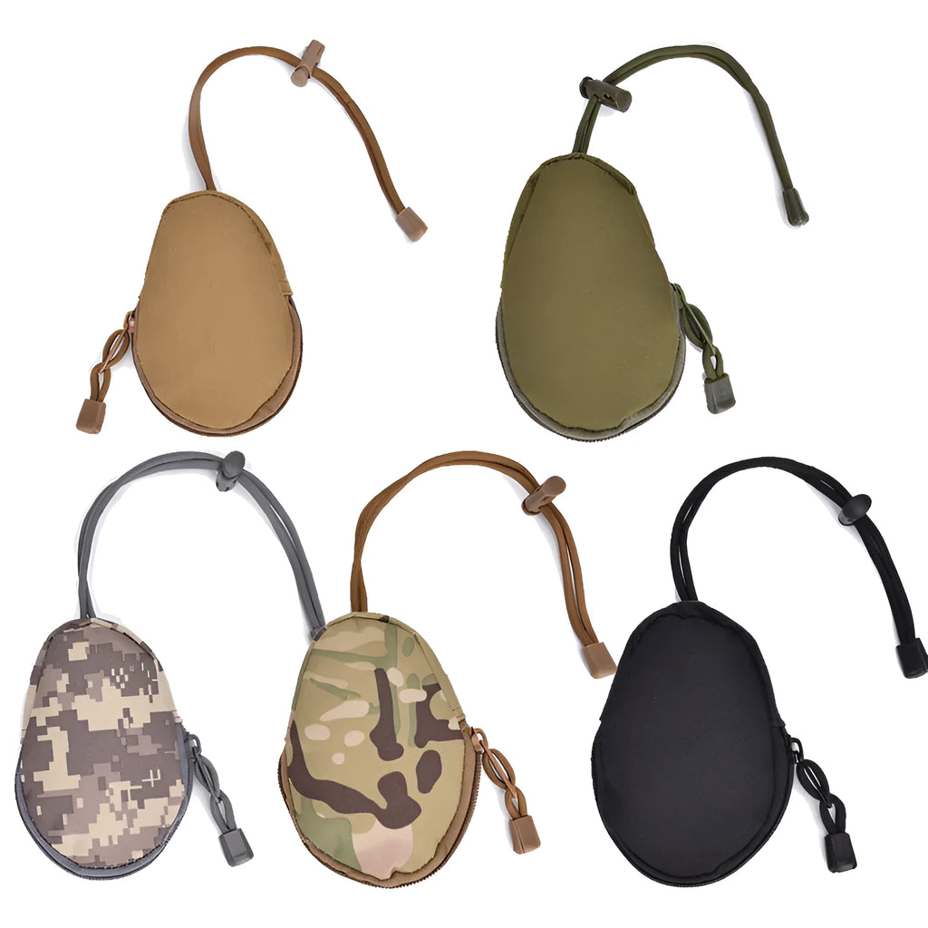 Black Oxford cloth outdoor key bag with zipper, shown next to a telescopic rope.