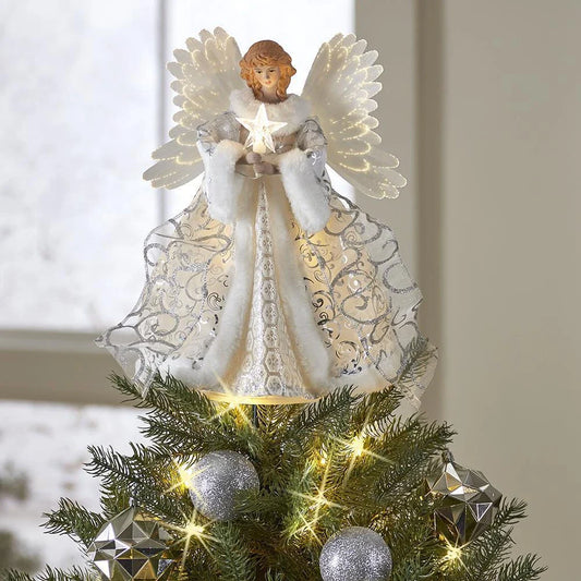 Illuminated angel Christmas tree topper with soft glow, perfect for holiday decor