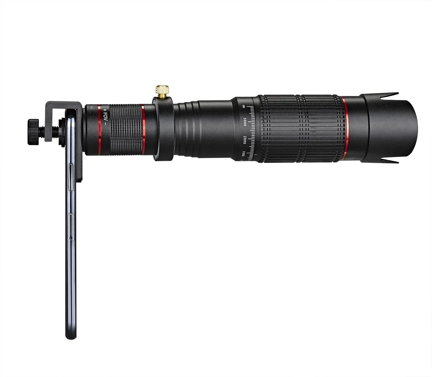 Black 36x telephoto lens attachment for smartphones shown next to its compact packaging.