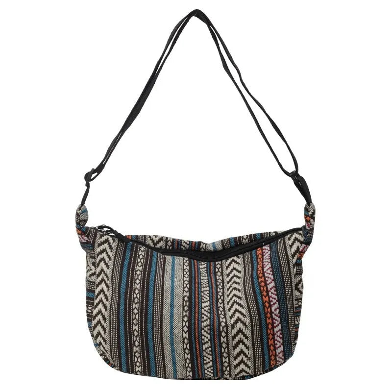 Women's ethnic style canvas dumpling crossbody bag in five colours.