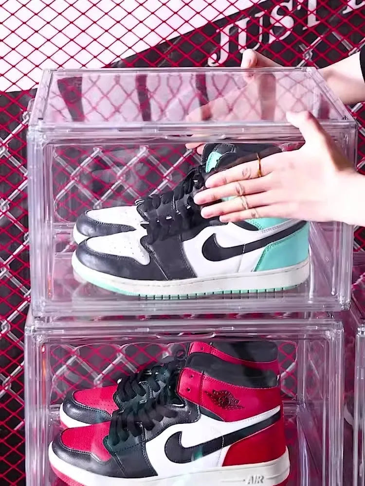 Large transparent acrylic shoe storage box with magnetic door and lid.