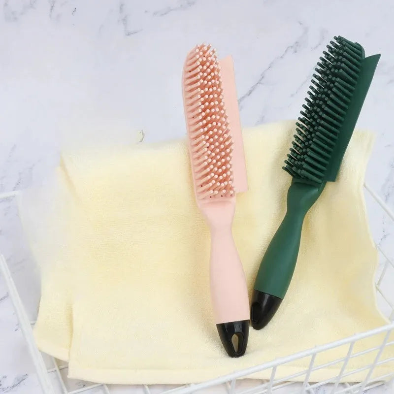 Green pet grooming brush with rubber handle and flexible bristles for removing hair from dogs, cats and clothing