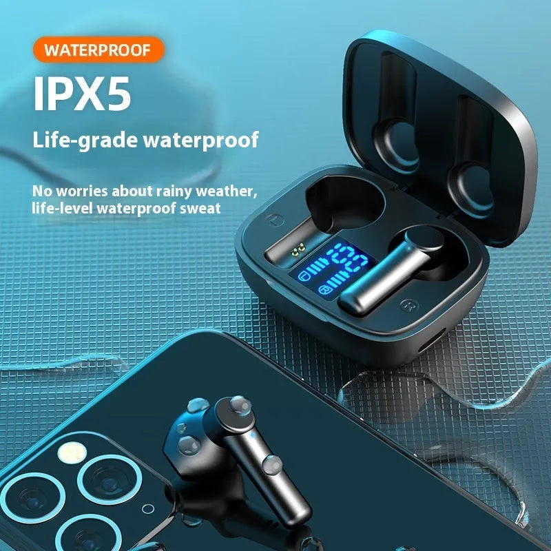 Black white and pink waterproof Bluetooth sports earbuds with charging bin and LED display