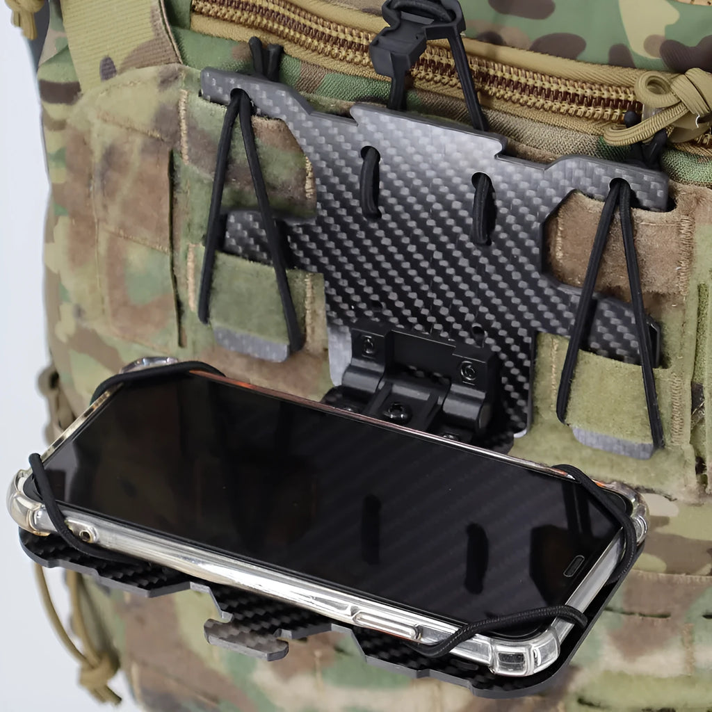 Black carbon fiber folding navigation board with MOLLE system mounting for tactical vest chest hanger