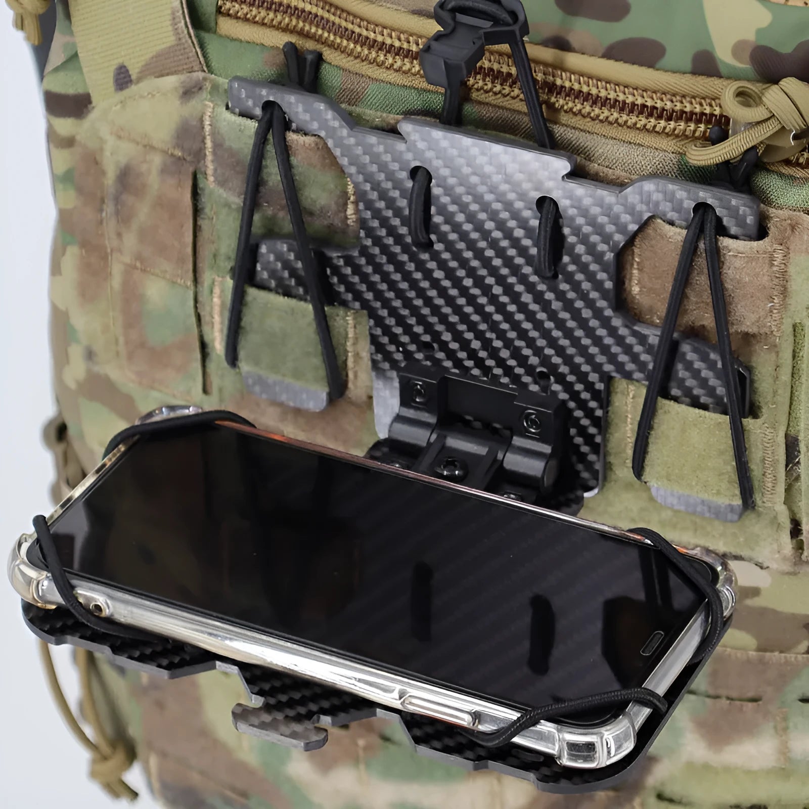 Black carbon fiber folding navigation board with MOLLE system mounting for tactical vest chest hanger