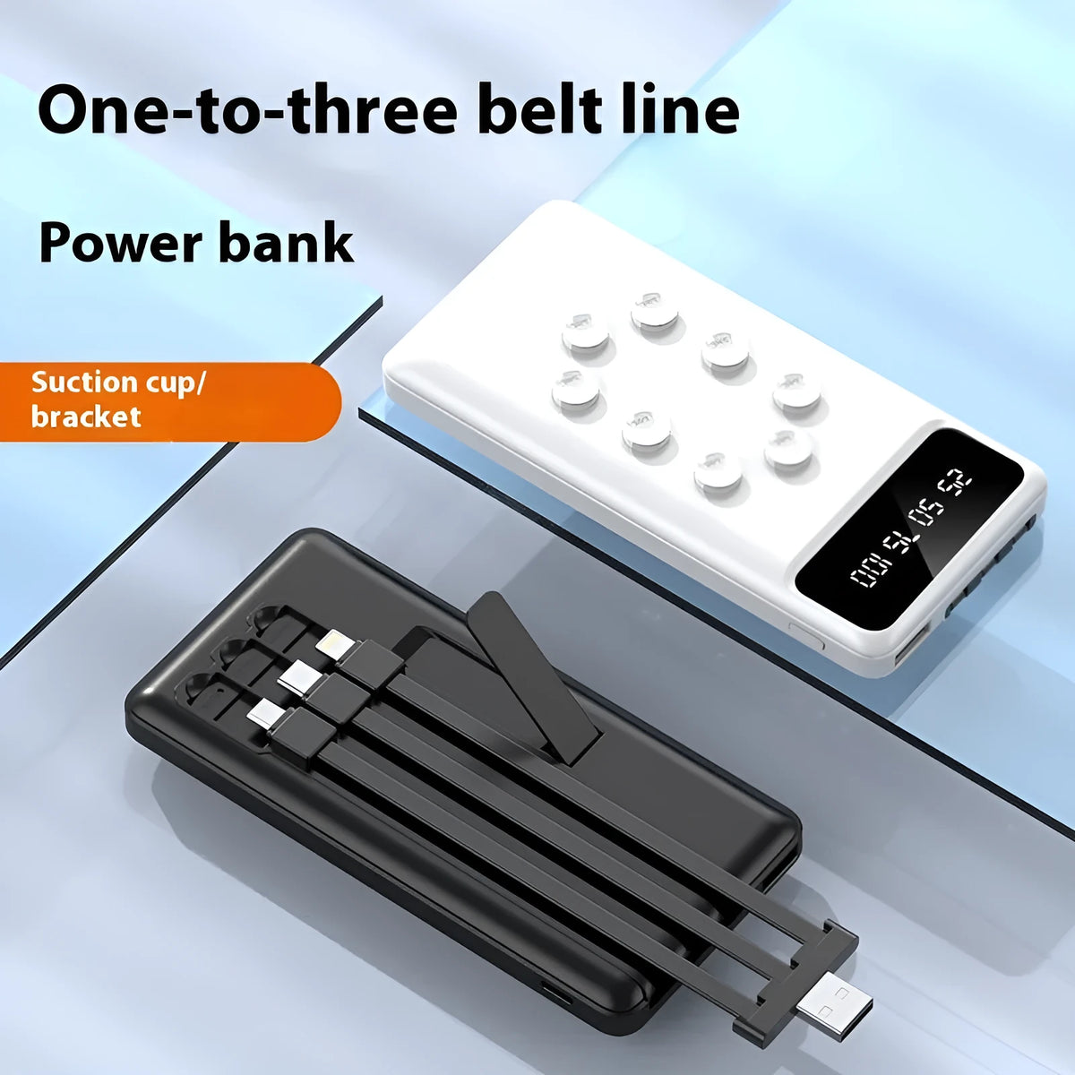 Black and white suction cup power bank with removable bracket, detachable cable, 10000mAh, 142x68x19mm
