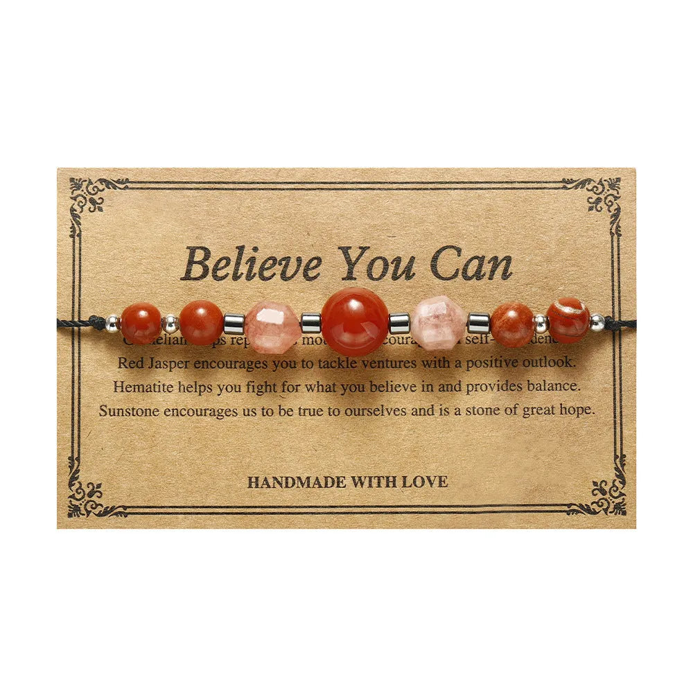 Geometric red crystal bracelet with sunstone, redstone and copper beads handcrafted design