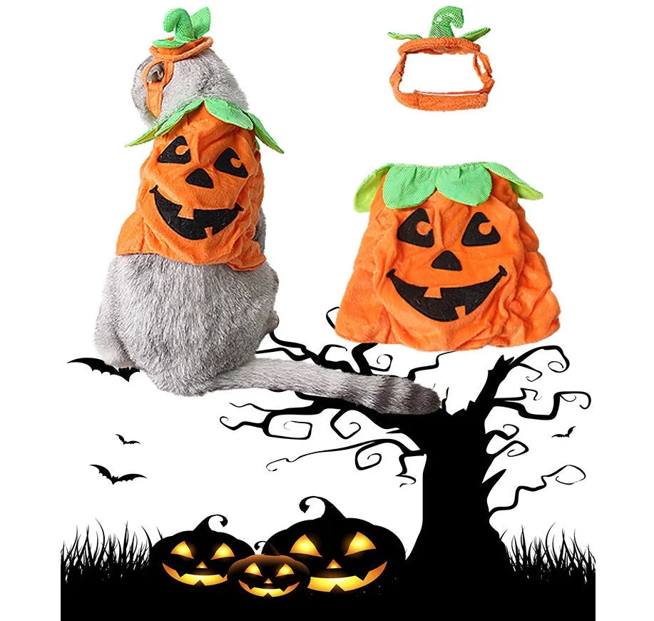 Yellow pumpkin-shaped pet costume with green leaf decoration for cats and small dogs