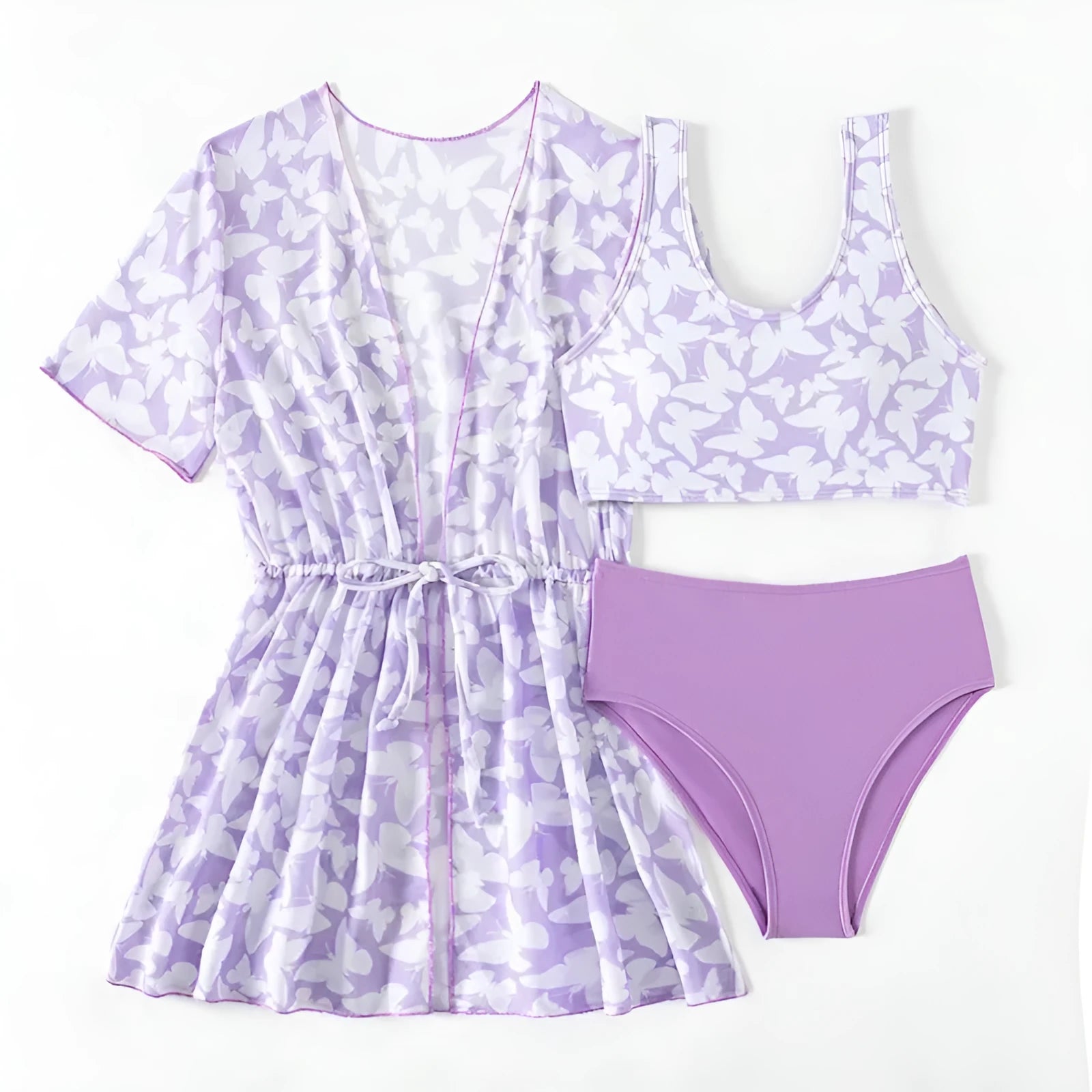 Three-piece polyester swimsuit set for girls aged 8-12 in colour 3218 with coat, vest, and pants