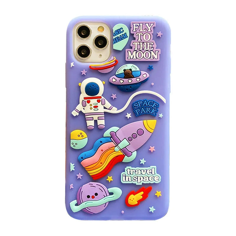 Purple translucent silicone iPhone case featuring a cartoon astronaut graphic.