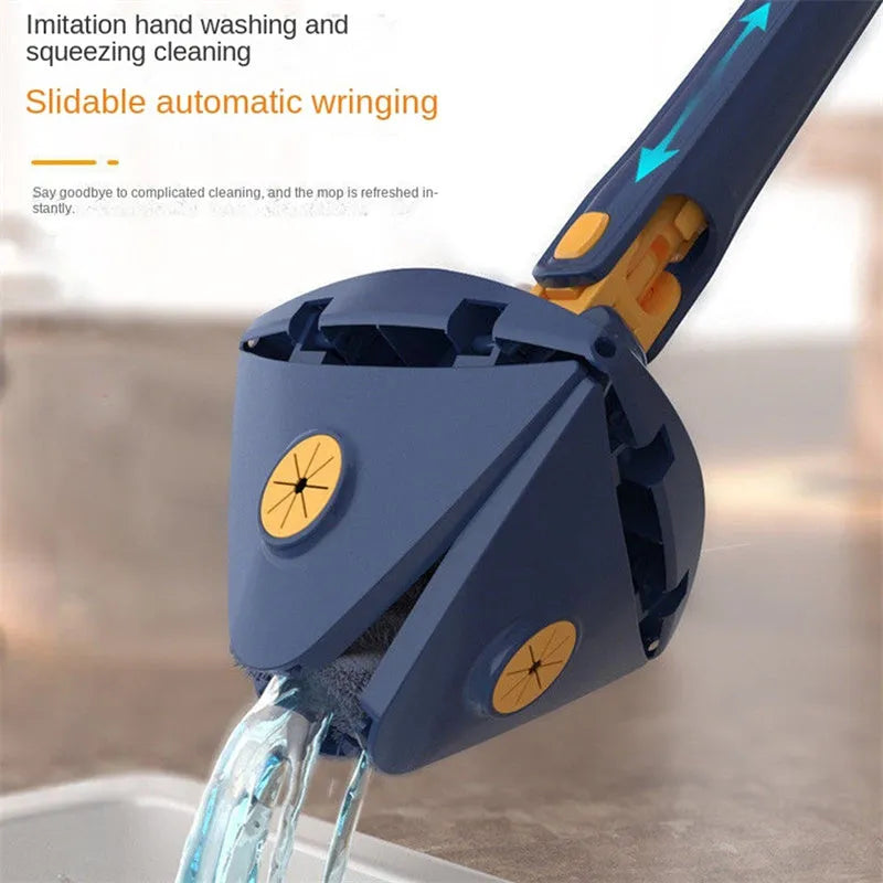 Blue triangle cleaning mop with rotating head and extendable stainless steel pole on tile floor
