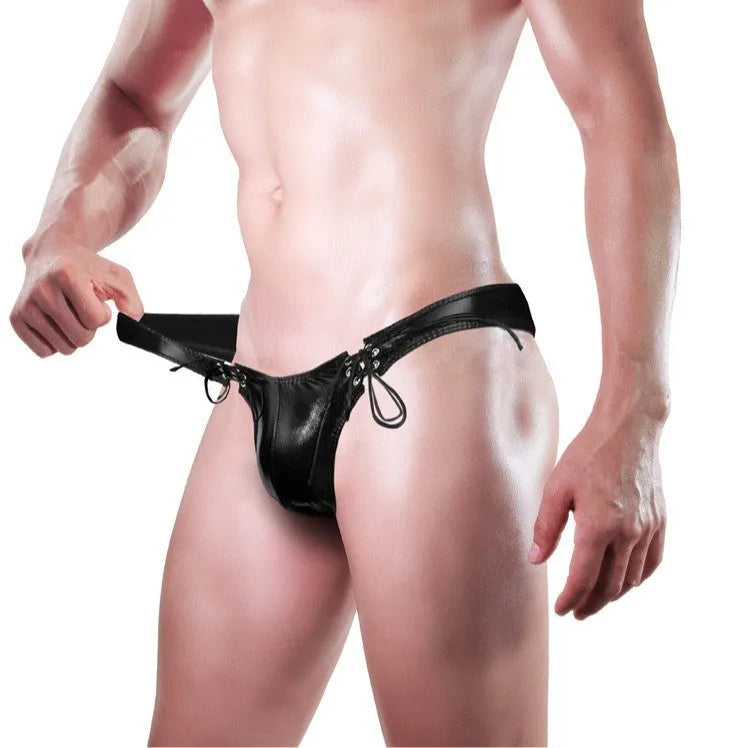 Men's black imitation leather string briefs laid flat showing stretchy waistband