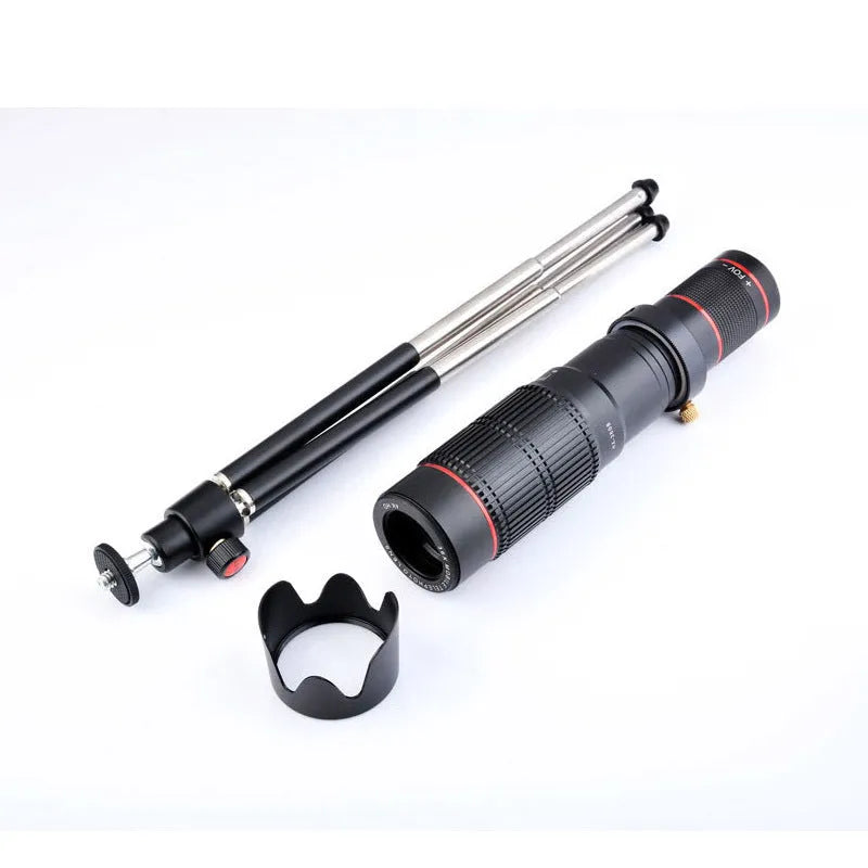 Black 36x telephoto lens attachment for smartphones shown next to its compact packaging.