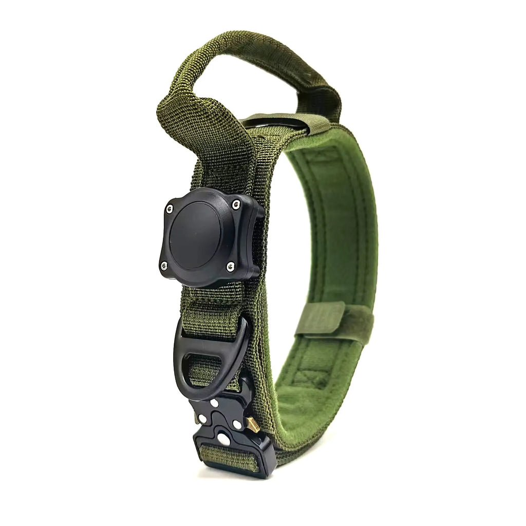 Tactical waterproof dog collar with positioning ring in polyester fabric showing black, army green, and khaki colour options