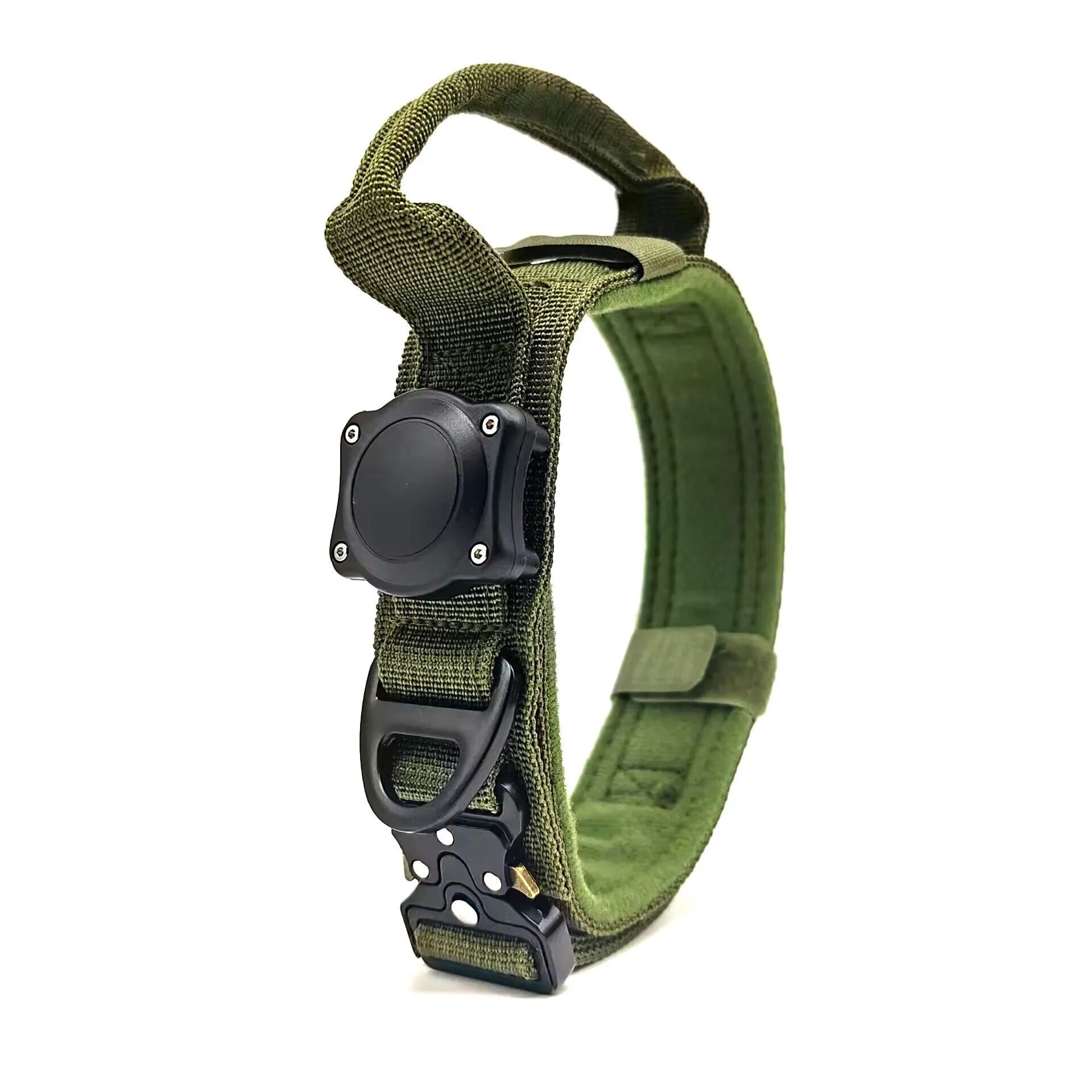 Tactical waterproof dog collar with positioning ring in polyester fabric showing black, army green, and khaki colour options
