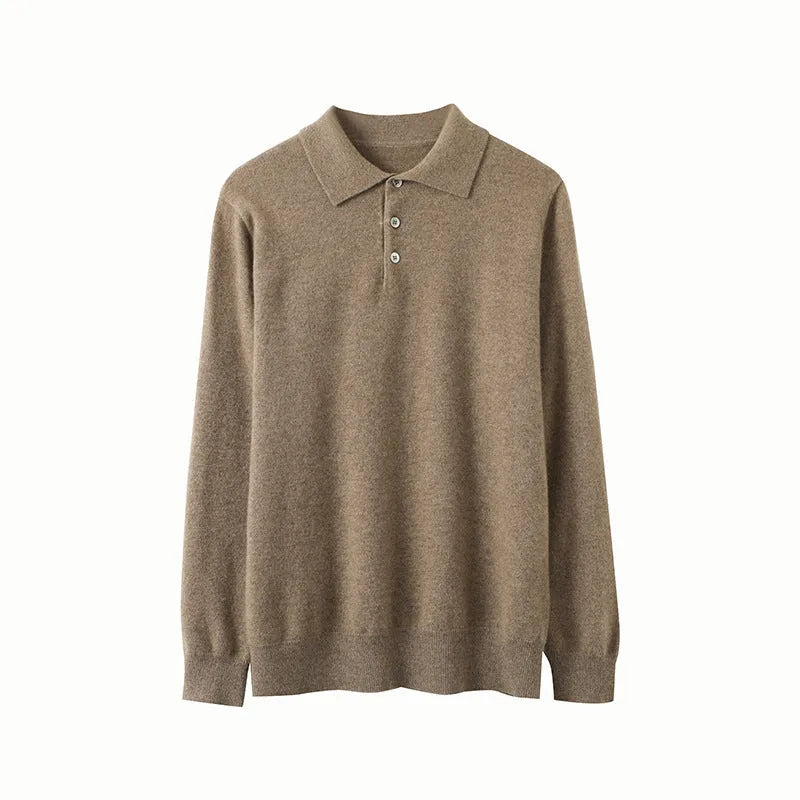 Men's light blue cashmere pullover sweater with a polo collar and short sleeves on a hanger.