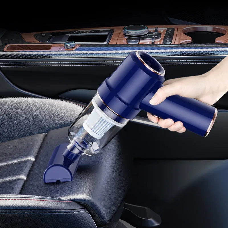 Mini rechargeable cordless handheld vacuum cleaner in Moran Blue with brush and long straw attachments