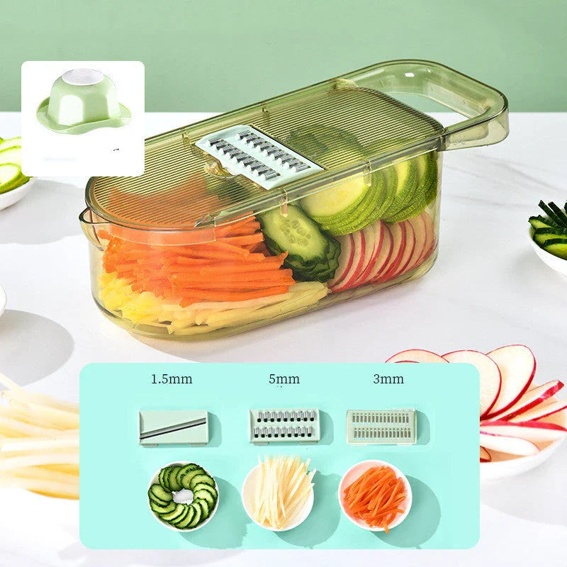 Multifunctional vegetable chopper with interchangeable stainless steel blades, water filtration port, and transparent body