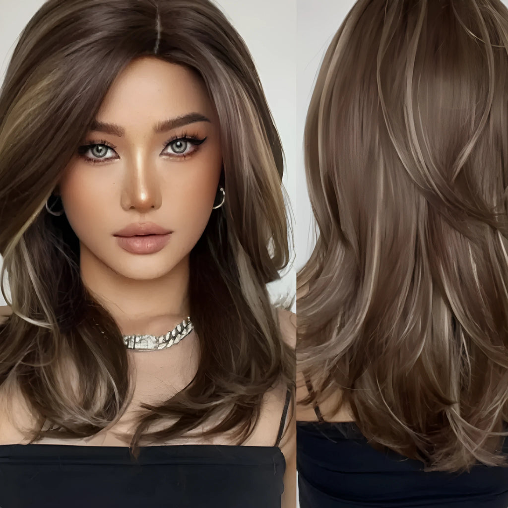 Mid-length curly synthetic wig with long bangs in a platinum gradient colour