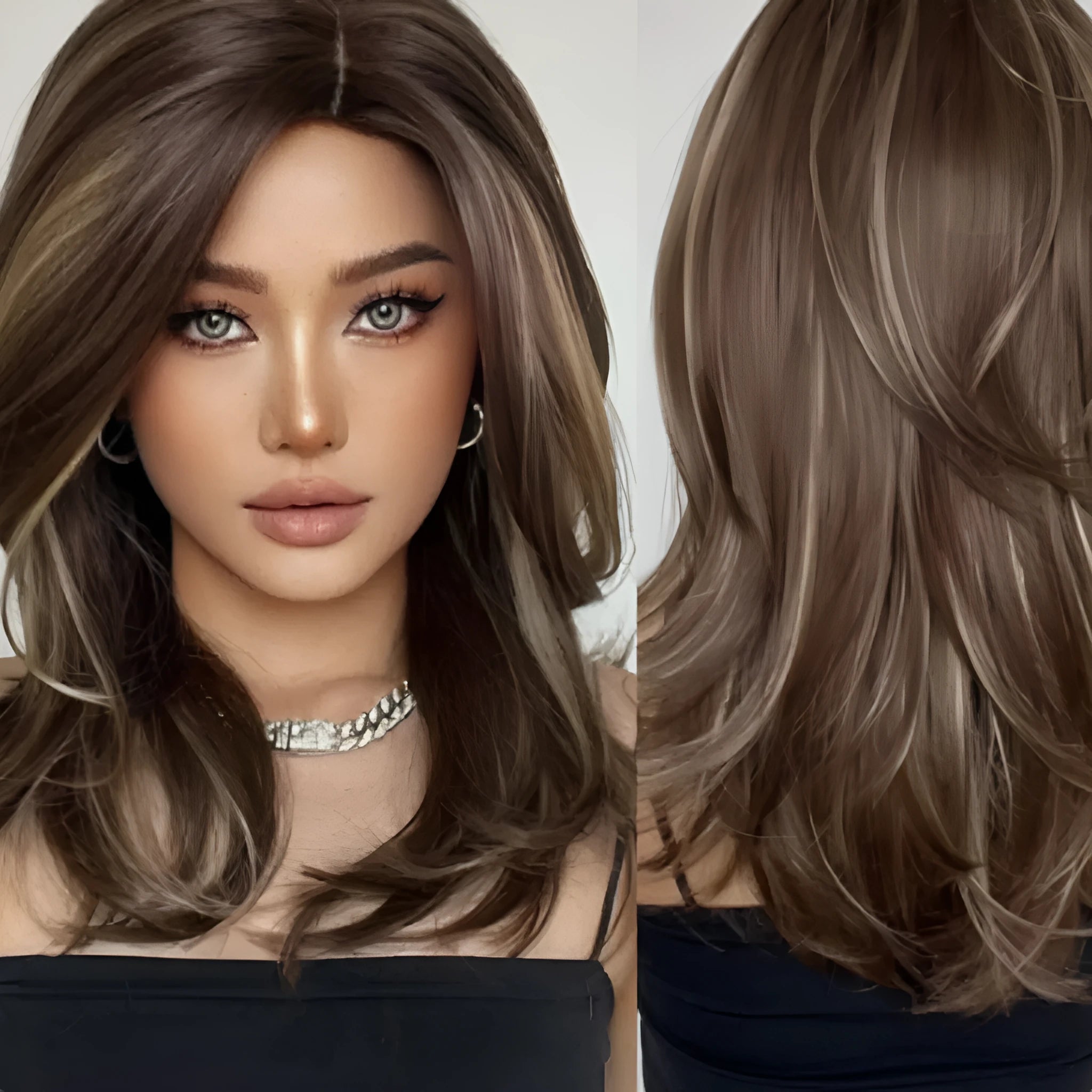 Mid-length curly synthetic wig with long bangs in a platinum gradient colour