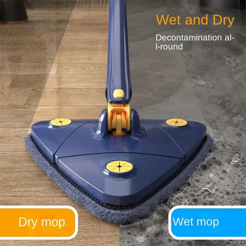 Blue triangle cleaning mop with rotating head and extendable stainless steel pole on tile floor