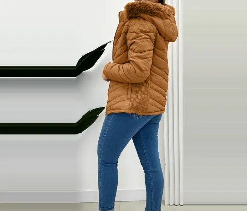 Cinched hoodie with fur collar short jacket in black polyester cotton, long sleeves, commuting style