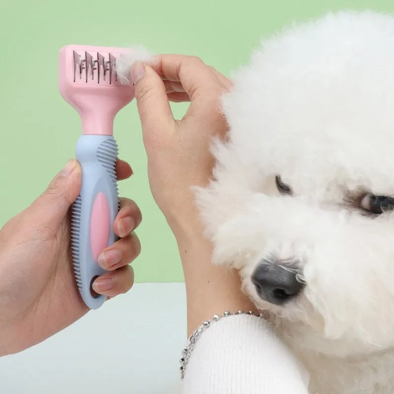 Stainless steel pet grooming comb with knot knife and massage brush in pink colour