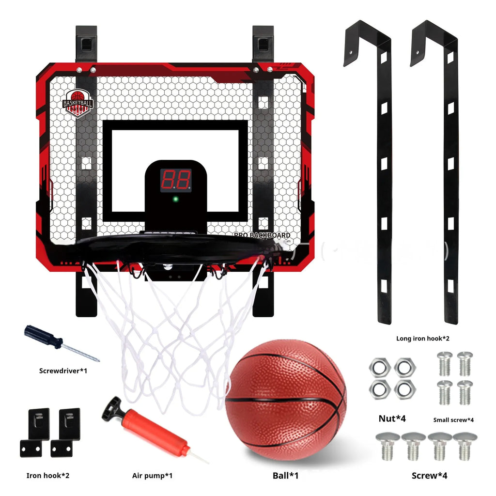 Red folding basketball frame with suction cup mount showing dual-use dunk and ball rack functions