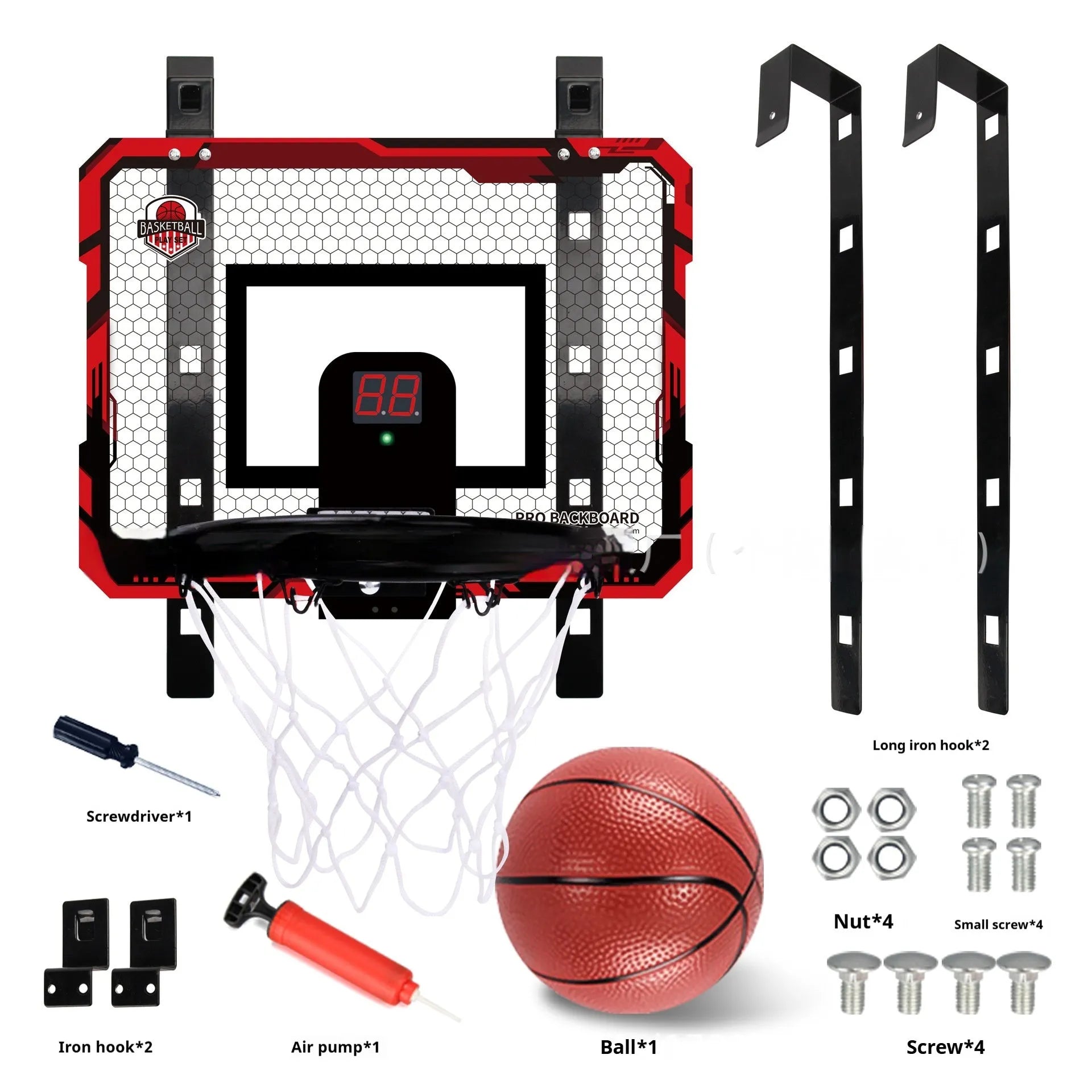 Red folding basketball frame with suction cup mount showing dual-use dunk and ball rack functions