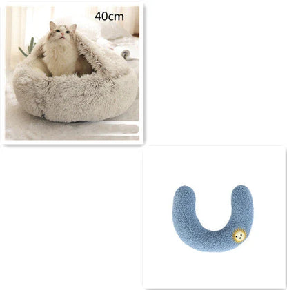 A soft, plush pet bed in various colors, including olive green, brown, pink, and grey, designed for the comfort and relaxation of cats and dogs.