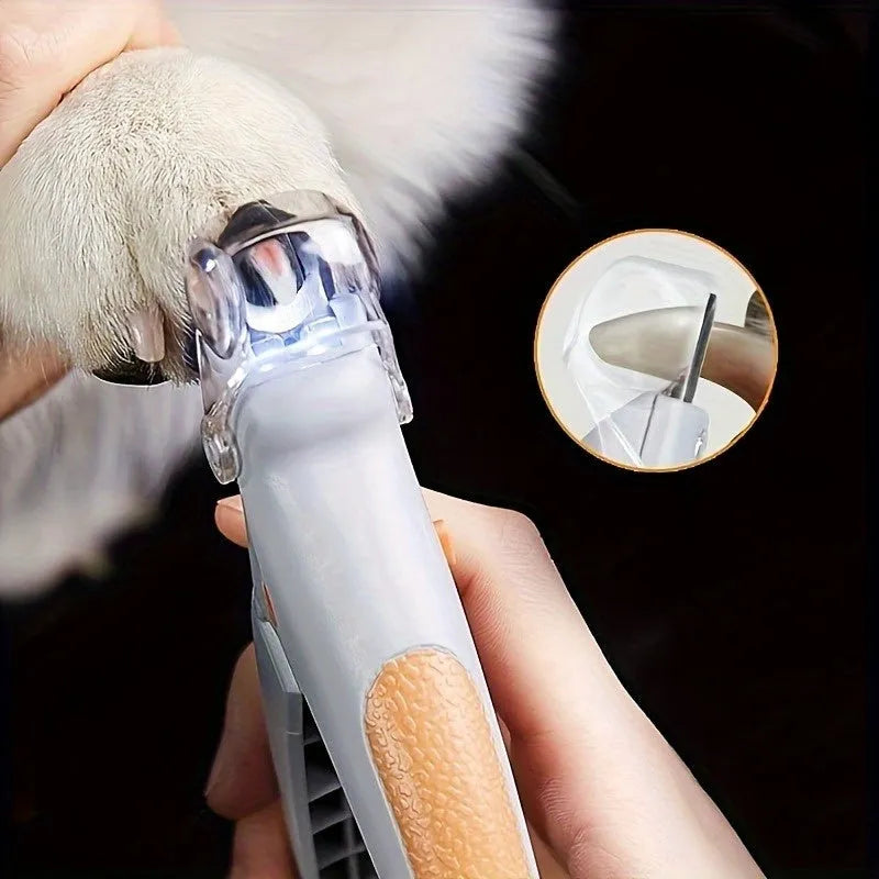 Yellow LED pet nail trimmer with magnifying glass and nail catcher for trimming cat and dog claws
