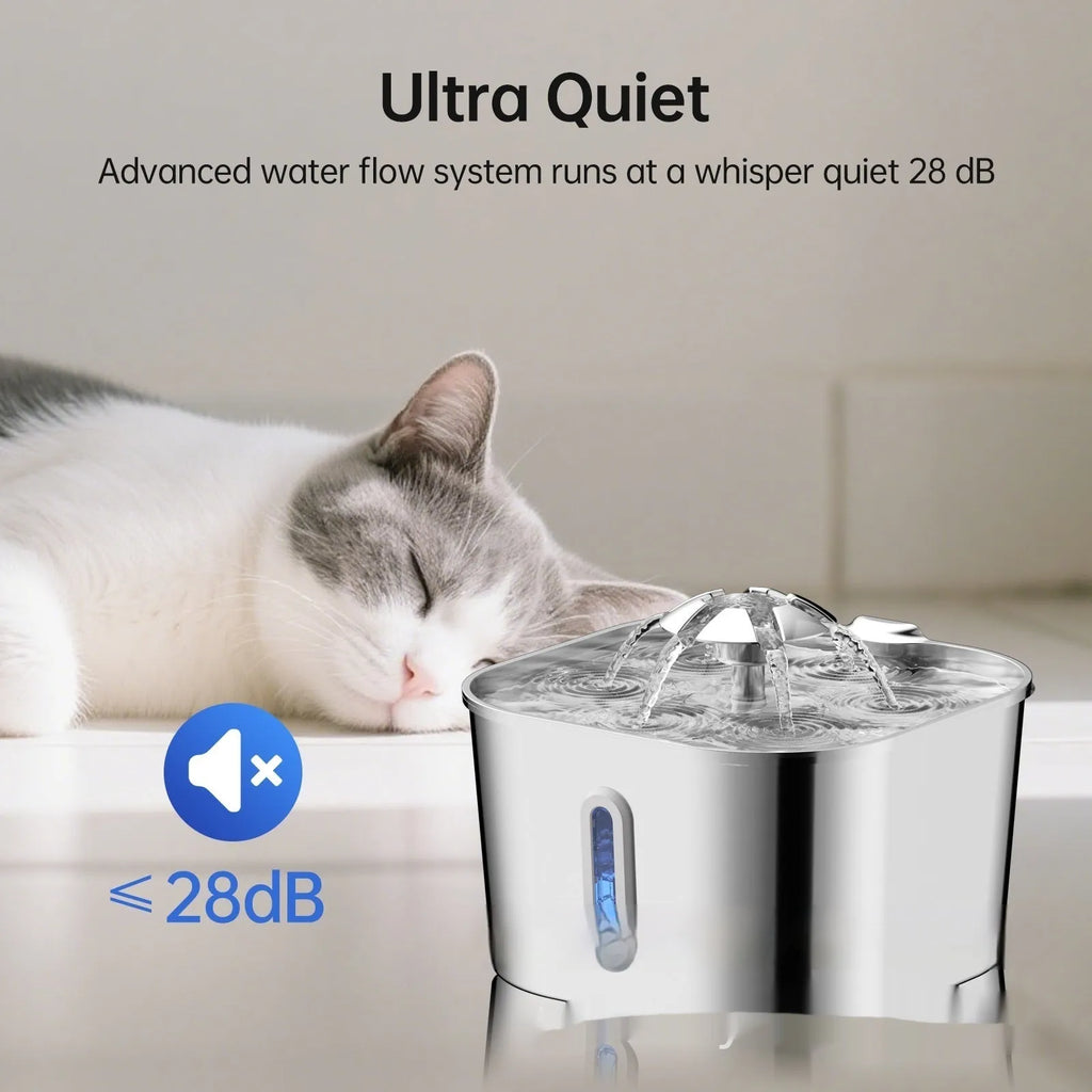 2.2L stainless steel pet water fountain with flower head vertical bar design and window dispenser for dogs and cats.