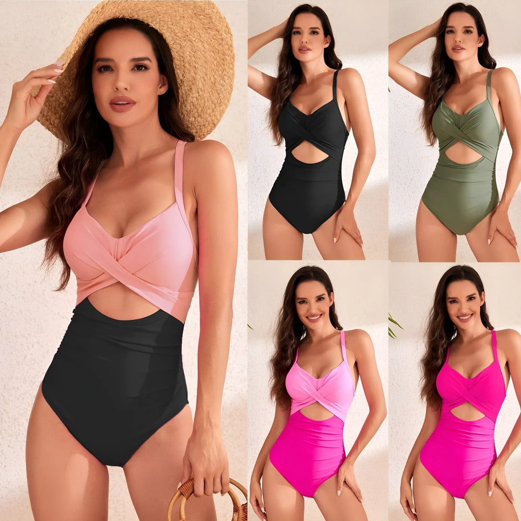 Women's high-waisted one-piece swimsuit with hollow design in a solid colour.