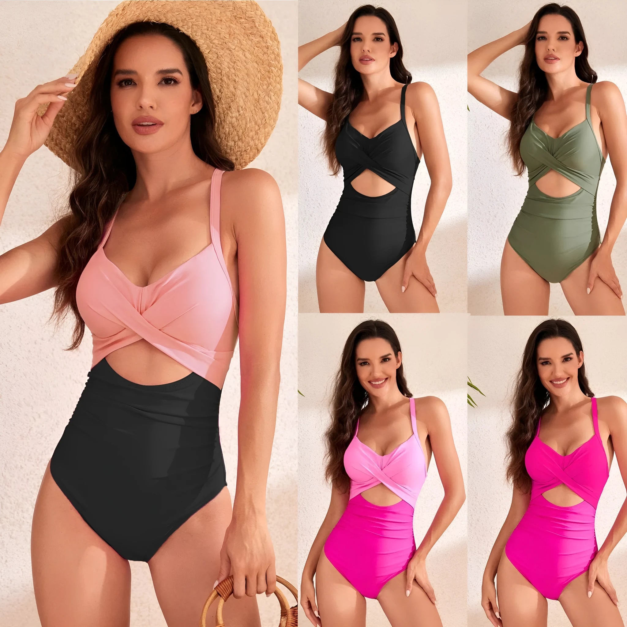 Women's high-waisted one-piece swimsuit with hollow design in a solid colour.