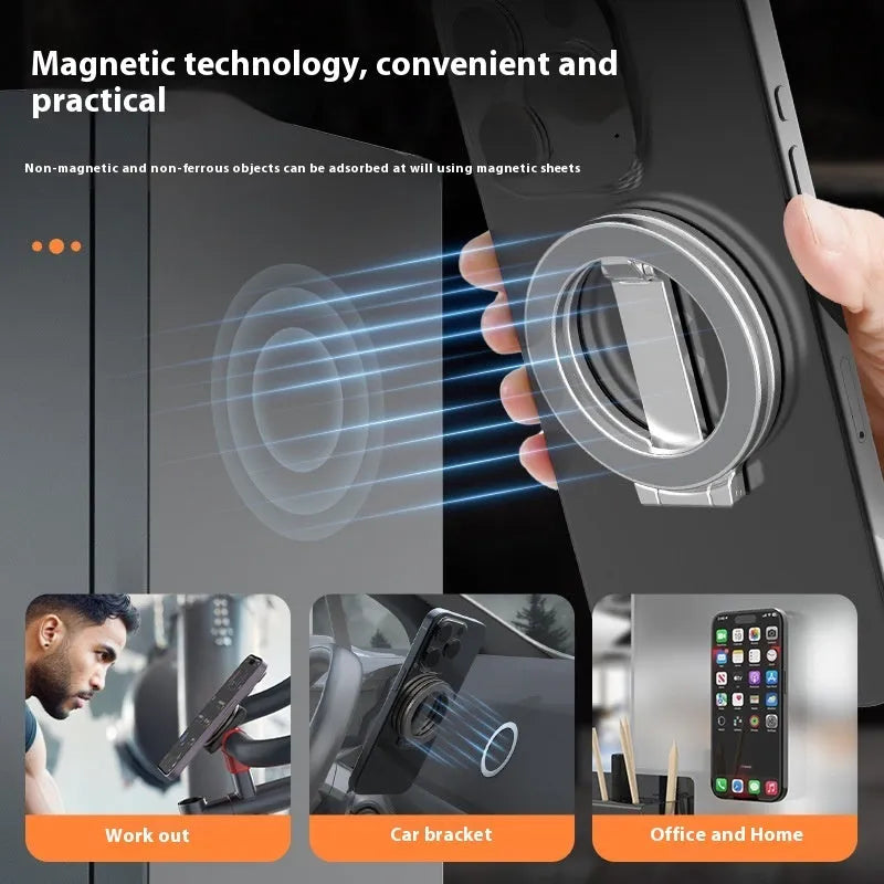 Full metal desktop stand with fastened ring bracket for phone or tablet, shown in black or silver.