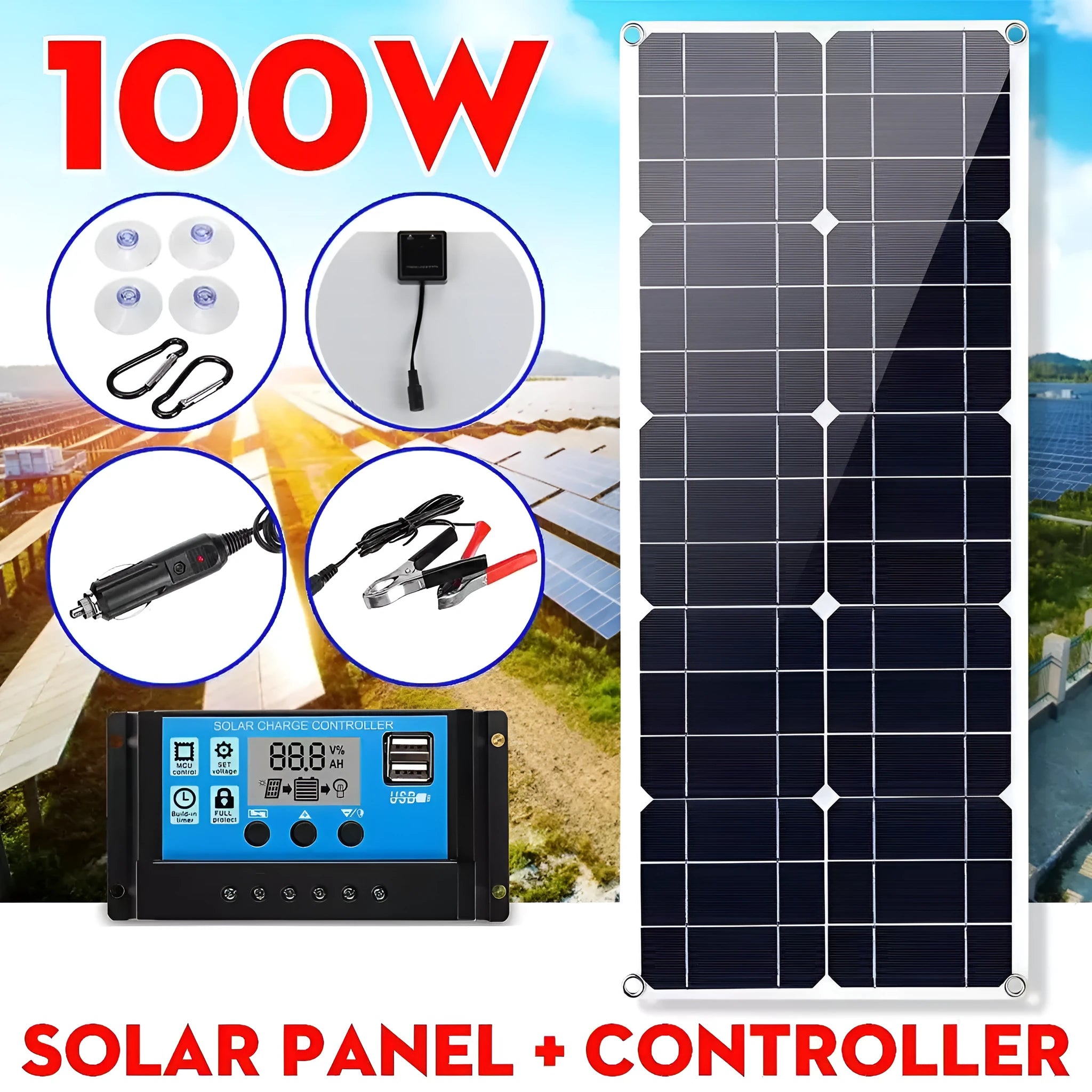 Black semi-flexible 30W solar panel showing USB charging port for outdoor use.