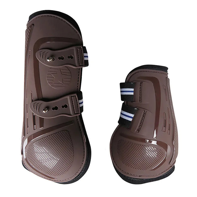 Horse leg guards with PU hard shell, elastic neoprene fit, and ventilation air holes in multiple colour options