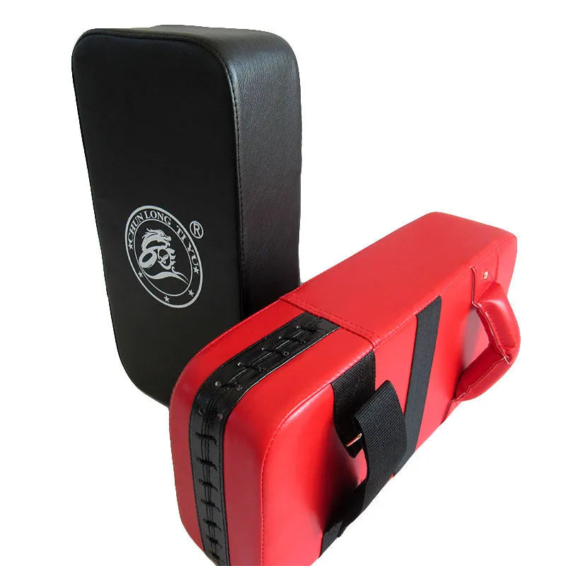Red square taekwondo foot target pad for kicking practice, 40cm long.