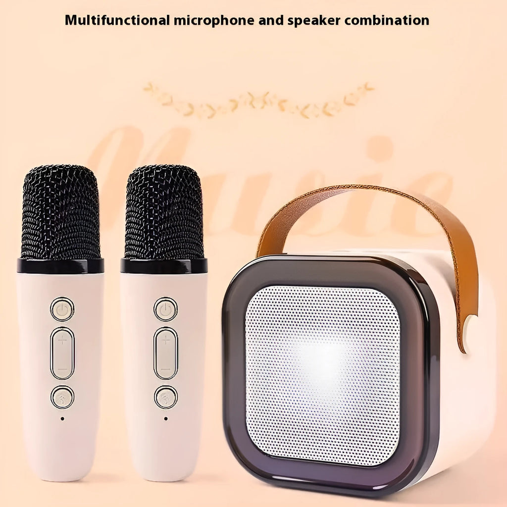 Wireless Bluetooth karaoke microphone and speaker all-in-one in oil white, pink or blue with single or double mic