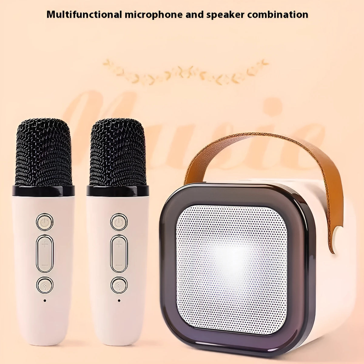 Wireless Bluetooth karaoke microphone and speaker all-in-one in oil white, pink or blue with single or double mic